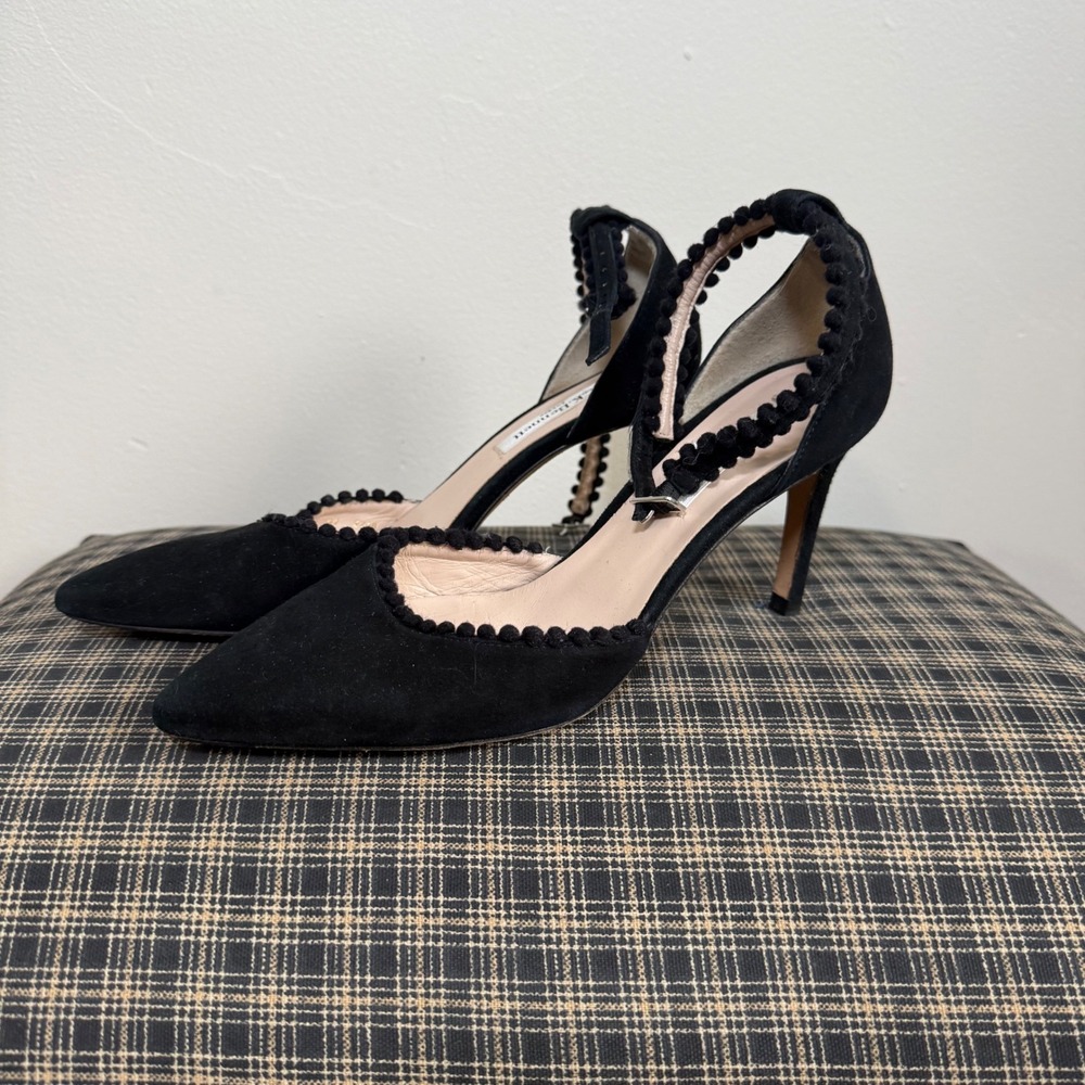 L.K. Bennett Pom-Pom Trim Suede Ankle Strap Pump Heels Size 37 Black